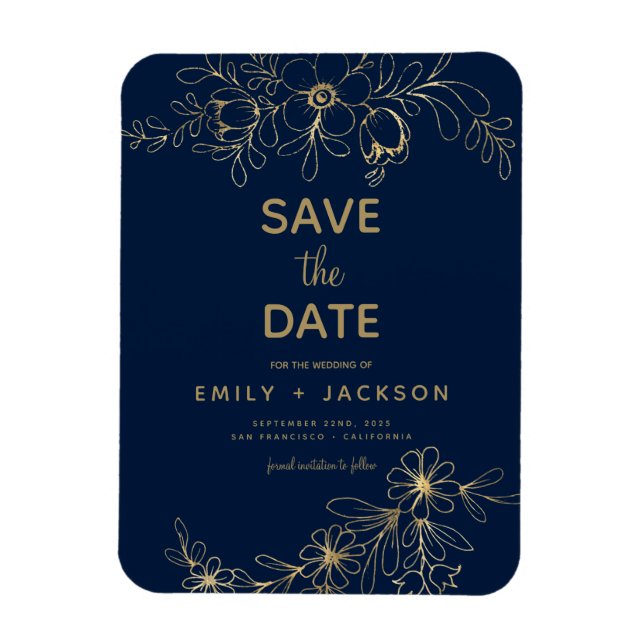 Magnet Flexible Navy Blue Save the Date Floral Gold Foil (Vertical)