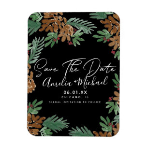 Magnet Flexible Noël Aquarelle Pinecones Noir Enregistrer la date