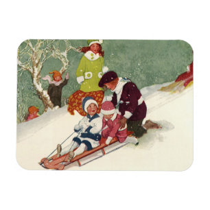Magnet Flexible Noël vintage, enfants faisant de la luge dans la n