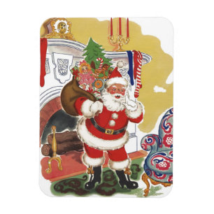 Magnet Flexible Noël vintage, joyeux Père Noël avec cadeaux