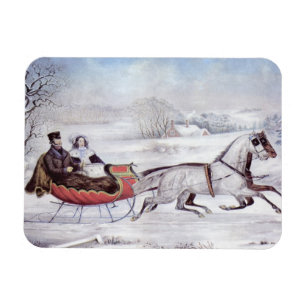 Magnet Flexible Noël vintage, La route d'hiver, Cheval de traîneau