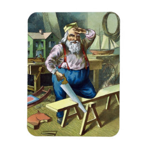Magnet Flexible Noël vintage, le Père Noël construisant des jouets