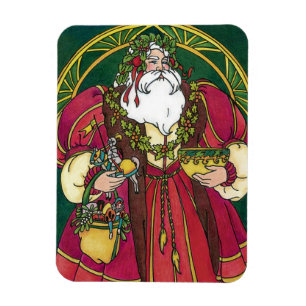 Magnet Flexible Noël vintage, Père Noël avec feuilles de houx
