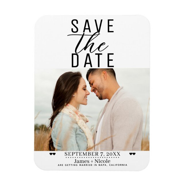 Magnet Flexible Noir blanc moderne Enregistrer la date Photo Maria (Vertical)
