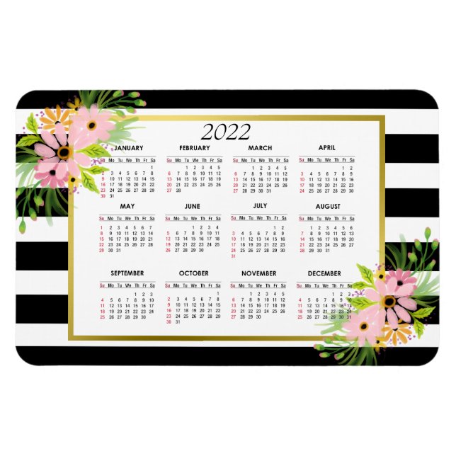 Magnet Flexible Noir Blanc rayé Floral Or | Calendrier 2022 (Horizontal)