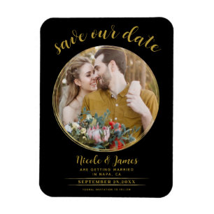 Magnet Flexible Noir et Or Moderne Photo Rond Faire-Part de Date d