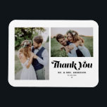 Magnet Flexible Noir Retro Calligraphie Deux Mariage photo<br><div class="desc">Express votre gratitude dans le style avec notre mariage photo personnalisable merci aimnet, avec la calligraphie rétro et un collage de deux photos charmant. Parfait pour commémorer votre journée spéciale, cet aimant de remerciement vous permet de présenter vos moments préférés tout en transmettant des remerciements sincères à vos proches. Personnalisez...</div>