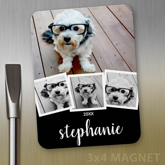 Magnet Flexible Nom de script de collage photo tendance blanc noir (Personalized fridge magnet - add photos and custom text)