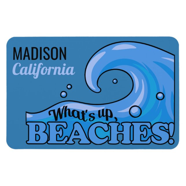 Magnet Flexible Nom et emplacement personnalisés Funny Beach Vague (Horizontal)