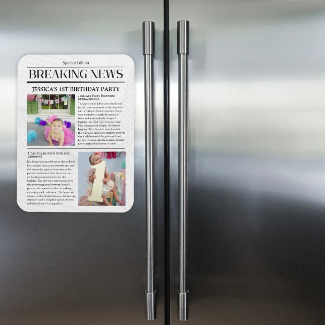 Magnet Flexible Nouvelles de la première page journal 1er annivers (Breaking News Front Page Newspaper 1st Birthday Magnet)