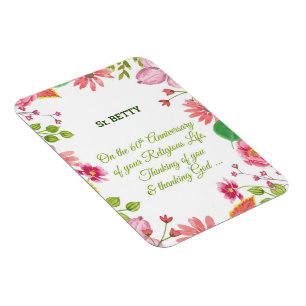 Magnet Flexible Nun Religious 60e Anniversaire Fleurs aquarelles