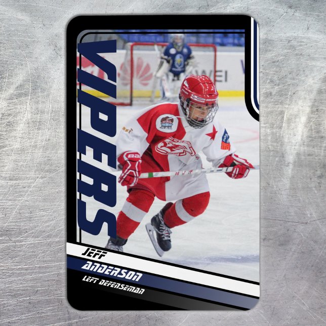 Magnet Flexible Objet de collection pour joueur de hockey sur glac (Ice Hockey: Sleek blue and black magnet featuring customizable player image and team name.)