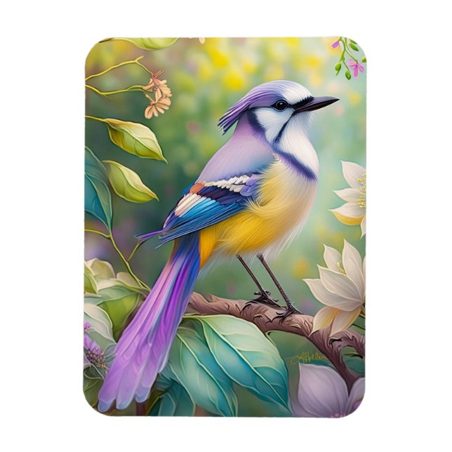 Magnet Flexible Oiseau de fantaisie Geai Violet Touffeté (Vertical)