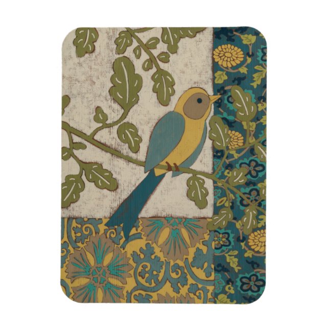 Magnet Flexible Oiseau jaune et bleu Turquoise perché sur une bran (Vertical)