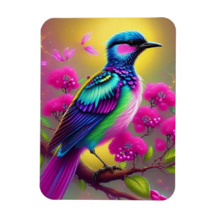 Magnet Flexible Oiseau surréaliste coloré fleurs roses