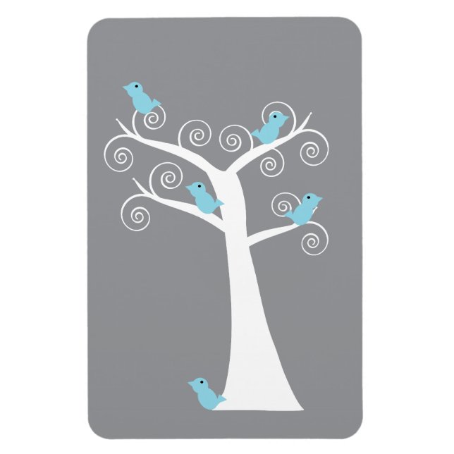 Magnet Flexible Oiseaux bleu clair sur un arbre blanc tourbillonna (Vertical)