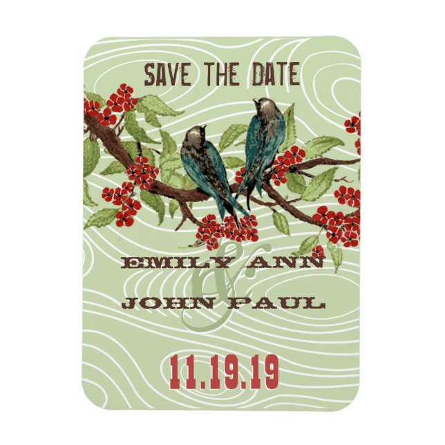 Magnet Flexible Oiseaux d'amour sarcelle Fleurs de cerisier rouge (Vertical)