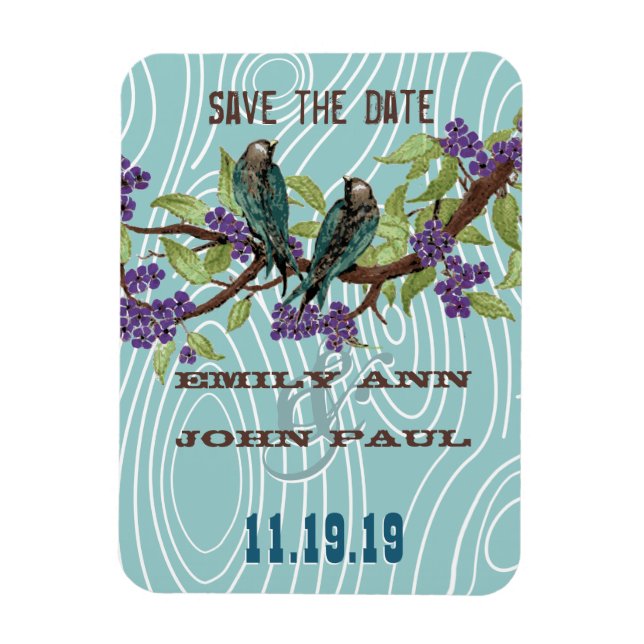 Magnet Flexible Oiseaux d'amour sarcelle Fleurs de cerisier violet (Vertical)