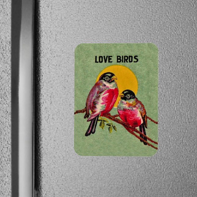 Magnet Flexible Oiseaux de l'amour vintage Soleil (Two red love birds sitting together on a branch in front of sun on green frig magnet.)