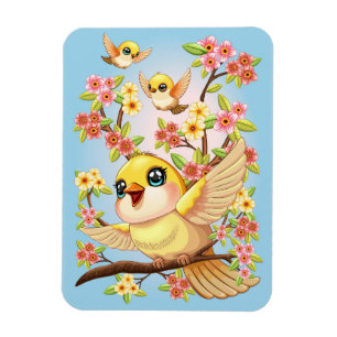 Magnet Flexible Oiseaux mignons et heureux parmi les fleurs du pri