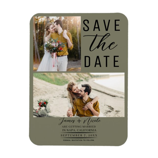Magnet Flexible Olive Green Modern 2 Photos Sauvez la date Mariage (Vertical)