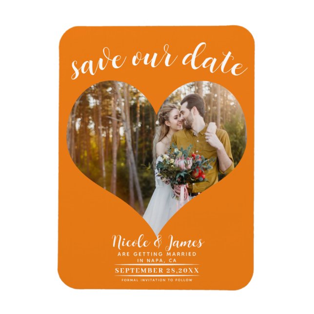 Magnet Flexible Orange Coeur photo mariage Enregistrer la date (Vertical)
