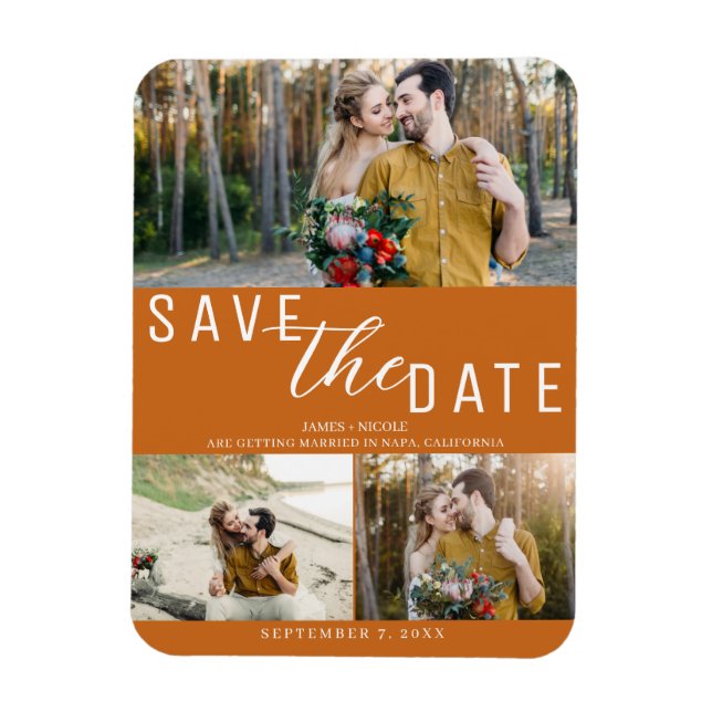 Magnet Flexible Orange Épice Enregistrer la date Mariage 3 Photos (Vertical)