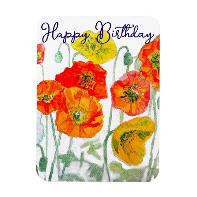 Magnet Flexible Orange Red Poppy Motif Joyeux anniversaire (Vertical)