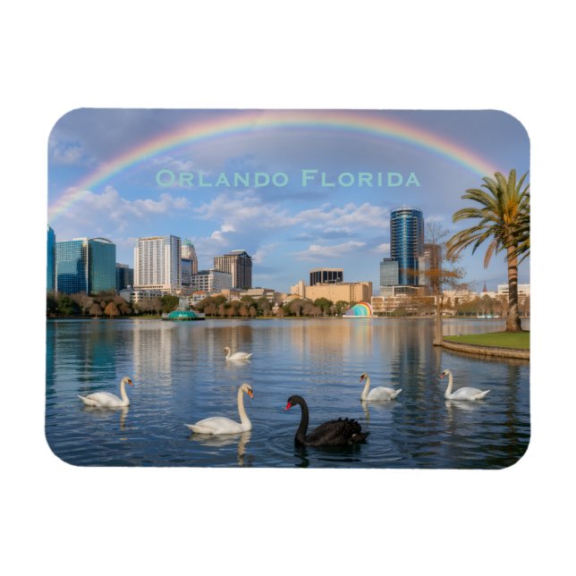Magnet Flexible Orlando Florida Skyline Lake Eola Rainbow & Swans (Horizontal)