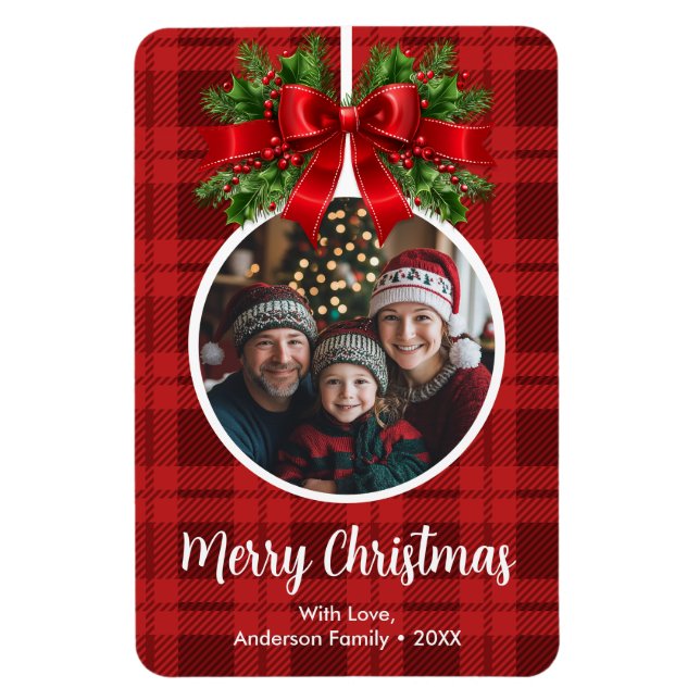 Magnet Flexible Ornement de boule de Noël Photo Red Buffalo Plaid (Vertical)