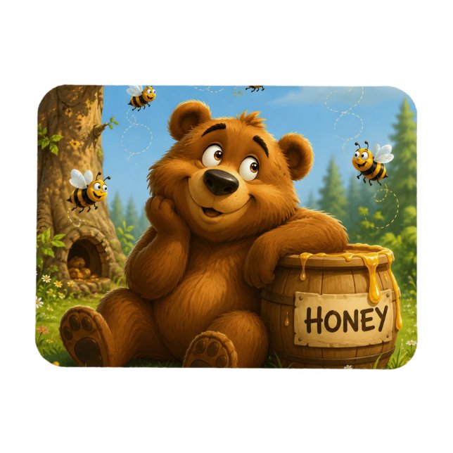 Magnet Flexible Ours mignon avec baril de miel et abeilles joyeuse (Horizontal)