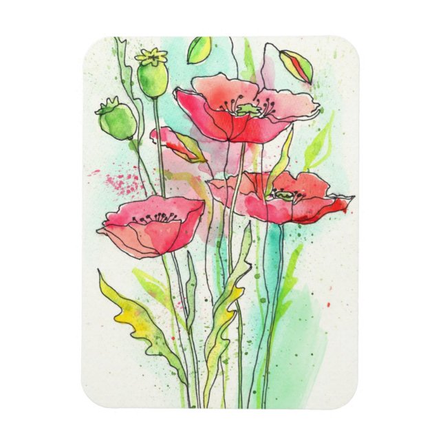 Magnet Flexible Painted watercolor poppies (Vertical)