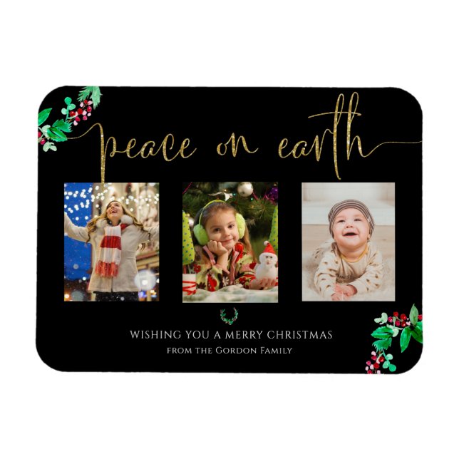 Magnet Flexible Paix sur Terre Noël 3 Photo Aquarelle Wreath (Horizontal)