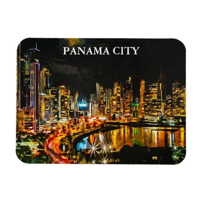 Magnet Flexible Panama City By Night Aquarelle Peinture Skyline (Horizontal)