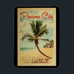 Magnet Flexible Panama City Palm Tree Vintage voyage<br><div class="desc">Un imprimé d'art moderne unique rétro du milieu du siècle moderne Panama City Florida dans un style d'affiche de voyage vintage. Il dispose d'un palmier incurvé sur une plage de sable avec l'océan sous un ciel bleu nuageux.</div>