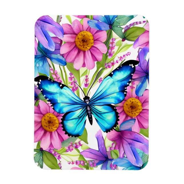 Magnet Flexible Papillon bleu dans un champ de fleurs (Vertical)