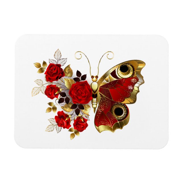 Magnet Flexible Papillon de fleurs rouges aux roses rouges (Horizontal)