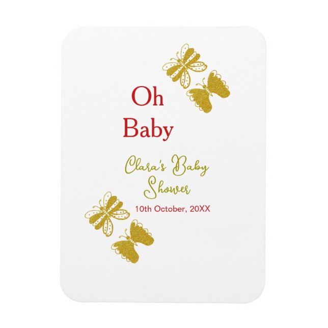 Magnet Flexible Papillon doré baby shower rouge oh bébé moderne (Vertical)