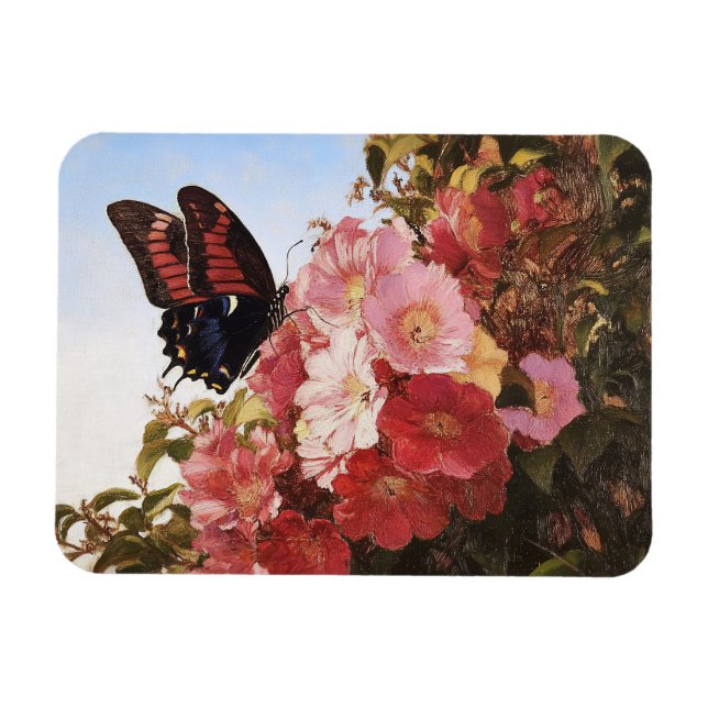 Magnet Flexible Papillon impressionniste et fleurs roses (Horizontal)