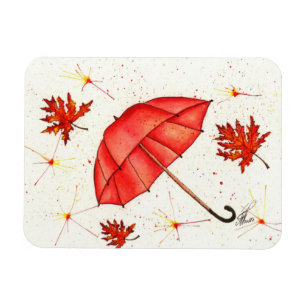 Magnet Flexible Parapluie rouge vif et aquarelle feuille rouge