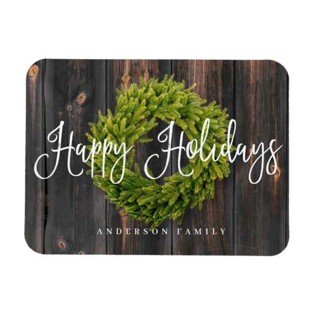 Magnet Flexible Pays Rustic Wood Wreath Happy Holidays Greeting (Horizontal)