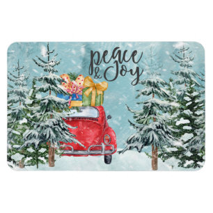 Magnet Flexible Peace and Joy Red Car en Forêt d'hiver