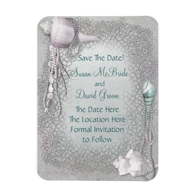 Magnet Flexible Pearl Seashell Beach Wedding Enregistrer La Date M (Vertical)