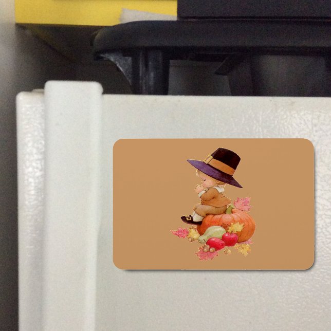 Magnet Flexible Pèlerin vintage prier sur Citrouille, ZSSG (Vintage Pilgrim Boy Praying on Pumpkin Flexible Magnet)