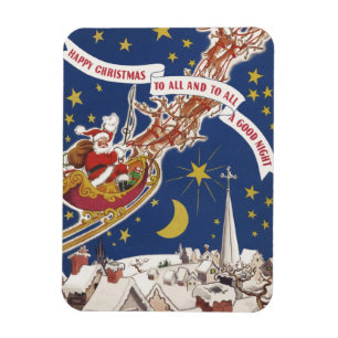 Magnet Flexible Père Noël vintage de Noël avec rennes en vol