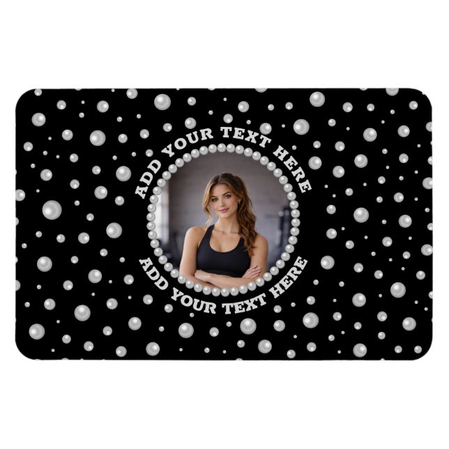 Magnet Flexible Personalized Photo with Pearls Circle on Black (Horizontal)