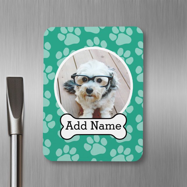 Magnet Flexible Pet Photo with Dog Bone and Paw Prints Green (Personalized pet magnet)
