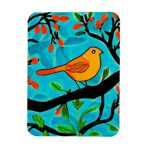 Magnet Flexible Petit oiseau orange sur une branche de fleurs