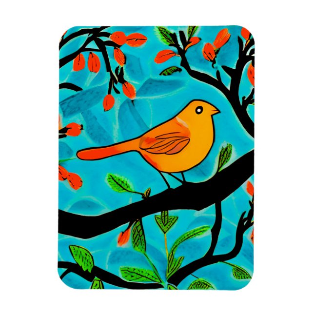 Magnet Flexible Petit oiseau orange sur une branche de fleurs (Vertical)