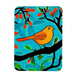 Magnet Flexible Petit oiseau orange sur une branche de fleurs